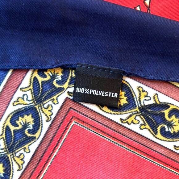 Silky polyester scarf large square designer look red blue gold carriages FLAWS - Picture 9 of 12